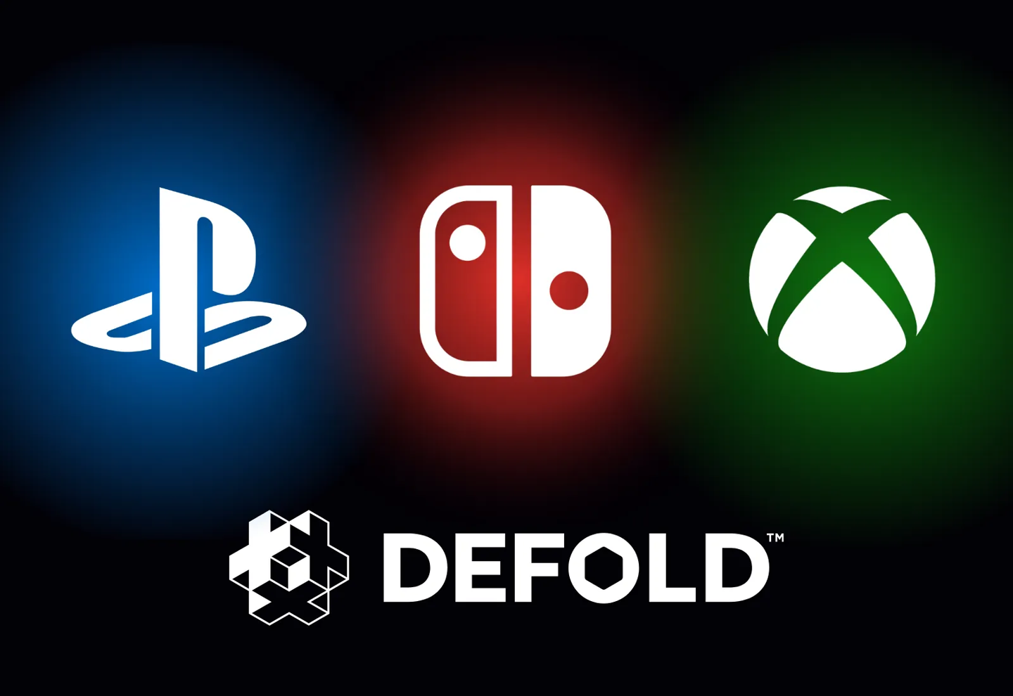 PlayStation, Nintendo Switch and Xbox logos displayed above the Defold game engine logo on a black background.